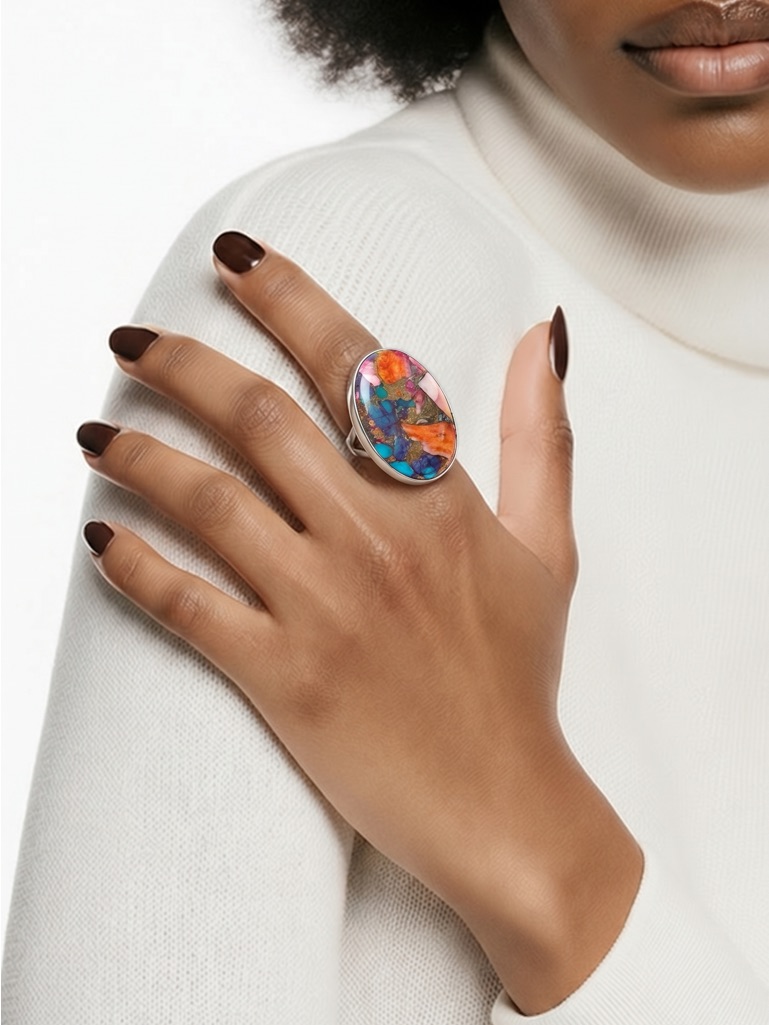 Orange Blue Pink Spiny Oyster Solid Sterling Silver 925 Ring Handmade Size 7
